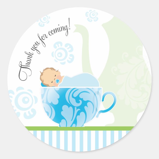 Pegatina de Baby Shower Tea Party a favor | Niño (Anverso)