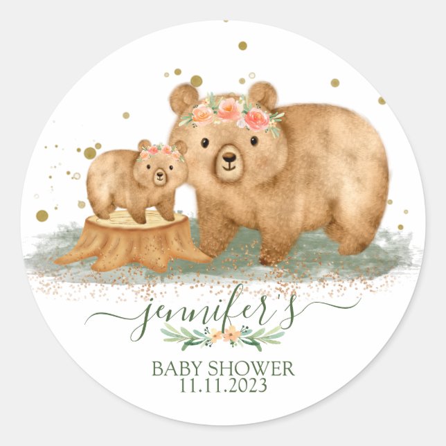 Pegatina de Baby Shower Woodland Bear | Favor del  (Anverso)