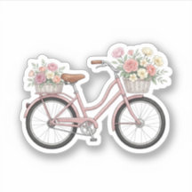 Pegatina de bicicleta rosa vintage con cestas flor