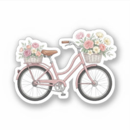 Pegatina de bicicleta rosa vintage con cestas flor