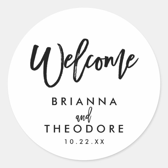 Pegatina de bienvenida Boda con mano de moda (Anverso)