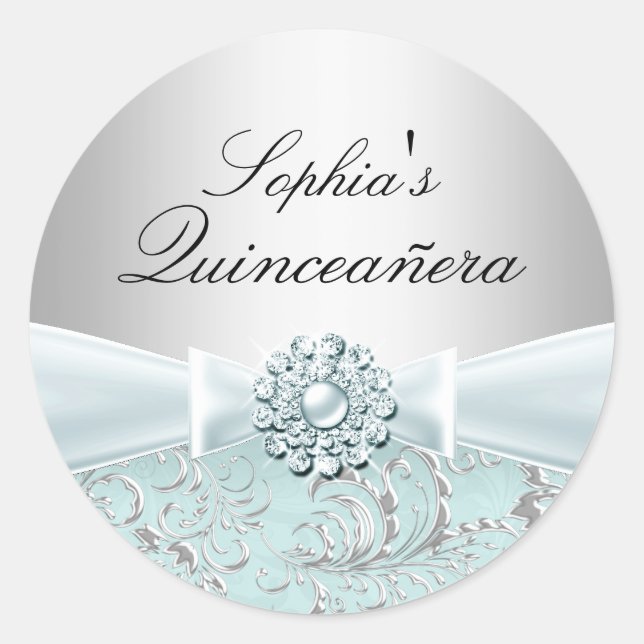 Pegatina de Blue Swirl & Jewel Bow Quinceanera (Anverso)