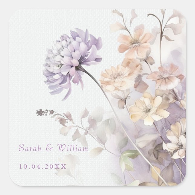 Pegatina de boda con flores lilas románticas (Anverso)
