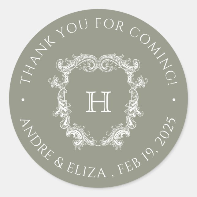 Pegatina de boda con monograma de salvia elegante (Anverso)