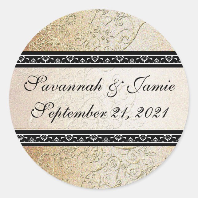 Pegatina de Boda de fuentes negras de Swirls Gold (Anverso)