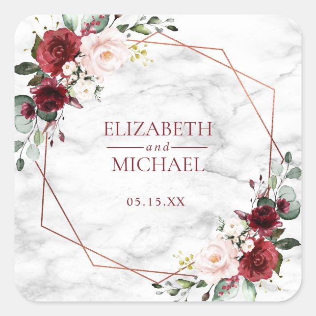 Pegatina de Boda de mármol de borgoña geométrica d (Anverso)