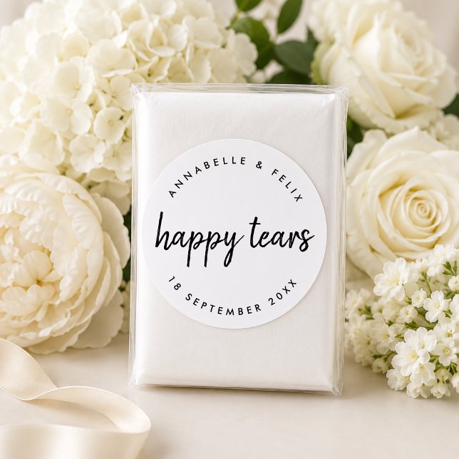 Pegatina de boda | Etiqueta de paquete de pañuelos (Personalized happy tears tissue packet sticker for ceremony seats and wedding guests.)