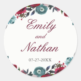 Pegatina de Boda floral de color rojo borgoñés