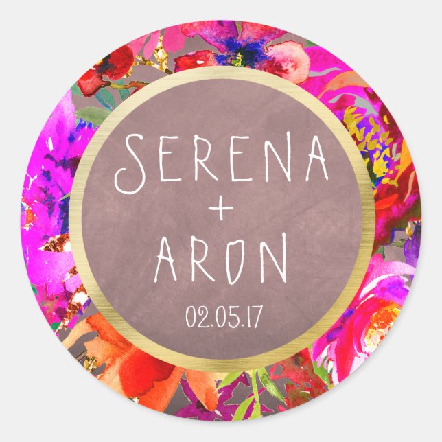 Pegatina de boda floral púrpura acuarela (Anverso)