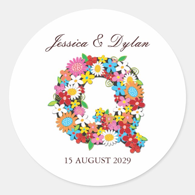 Pegatina de Boda Q de las flores de primavera (Anverso)