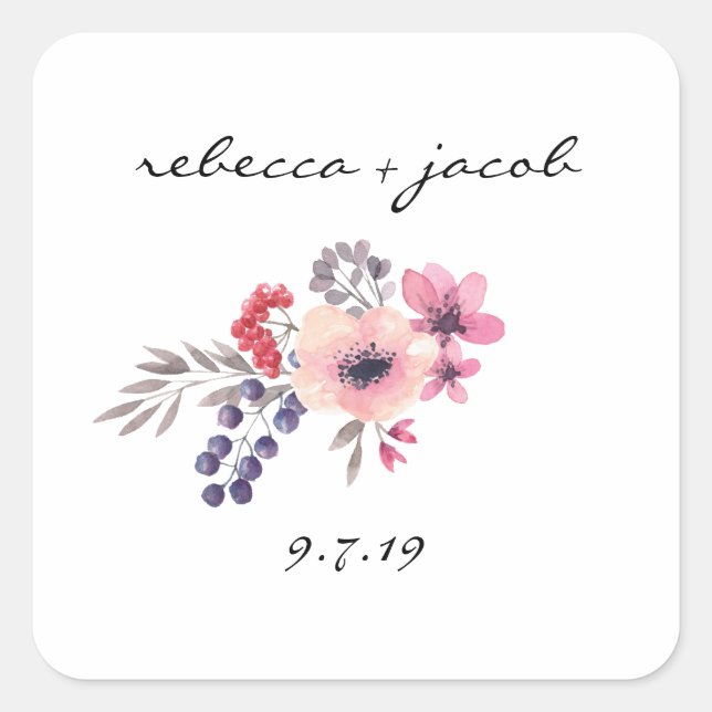 Pegatina de Boda Rustic Watercolor Bride & Groom (Anverso)