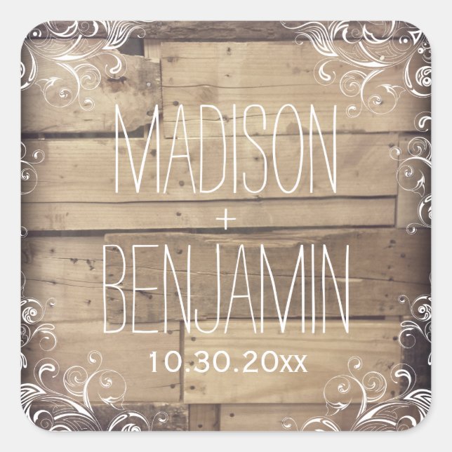 Pegatina de Boda Rústica de la Madera Personalizad (Anverso)