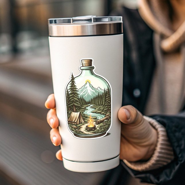 Pegatina de Camping en una Botella | Pegatina reco (Camping In A Bottle Sticker | Die-Cut Sticker by PiggyPrint Stickers)