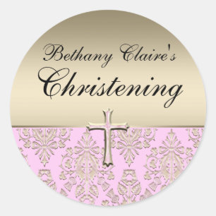 Pegatina de Christening de Damask Rosa y Gold