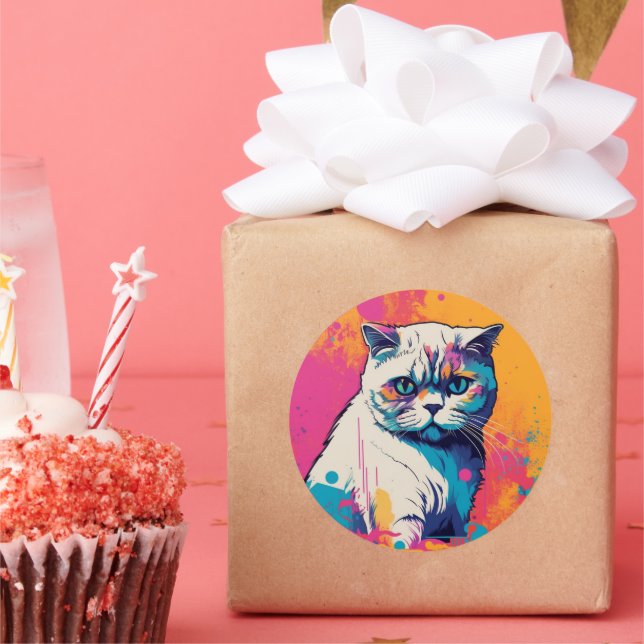 Pegatina de círculo colorido de gato blanco (Fiesta)