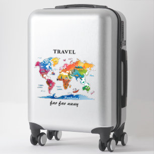 Pegatina de cita de viaje de mapa del mundo acuare