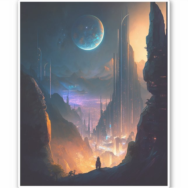 Pegatina de Ciudad Futurista de Ciencia Ficción (Anverso)