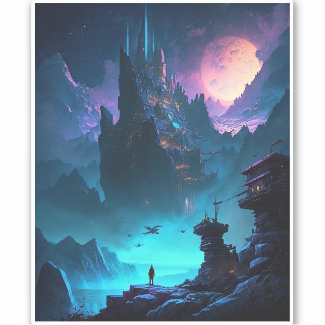 Pegatina de Ciudad Futurista de Ciencia Ficción (Anverso)