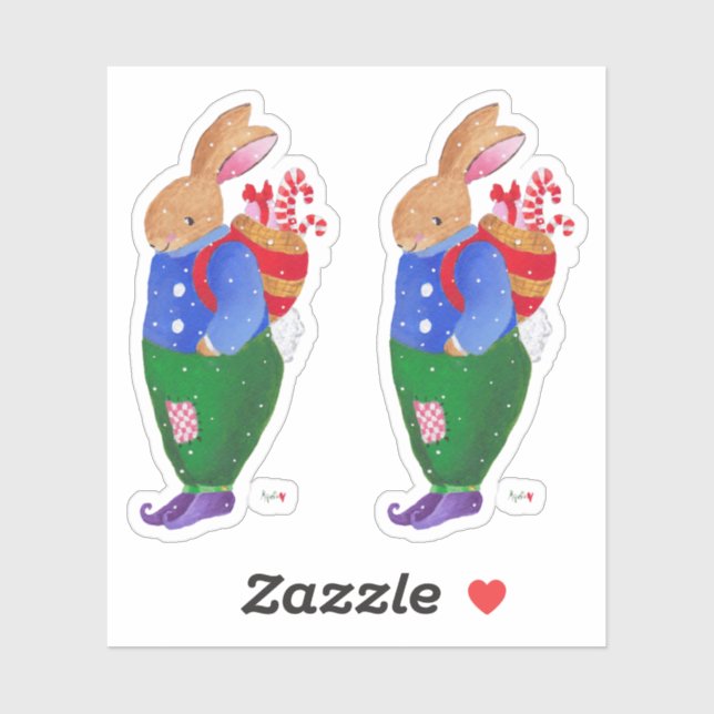 Pegatina de conejo de cesta de Navidad (Hoja)