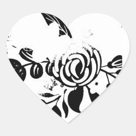 Pegatina de corazón floral desvaído en blanco y ne