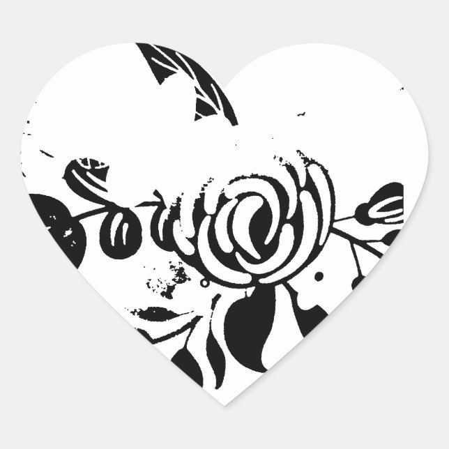 Pegatina de corazón floral desvaído en blanco y ne (Anverso)