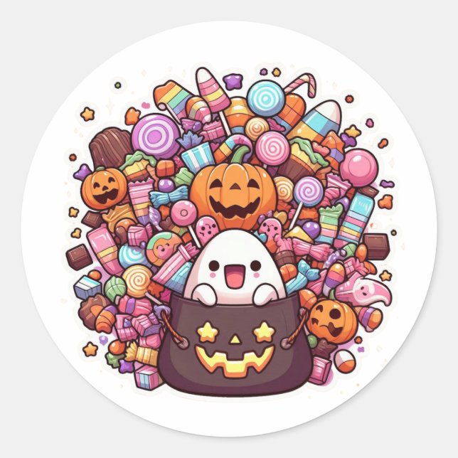 Pegatina de Cubo de Candy de Halloween Kawaii Ghos (Anverso)