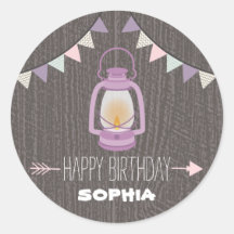Pegatina de cumpleaños de Camping Purple Lantern