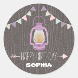 Pegatina de cumpleaños de Camping Purple Lantern