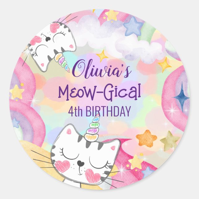 Pegatina de cumpleaños de Caticorn Meow-gical (Anverso)