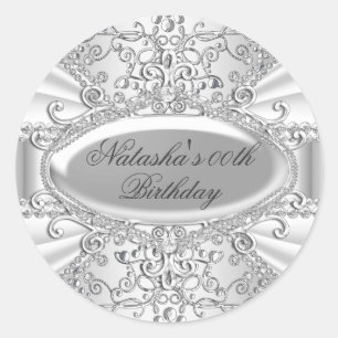 Pegatina de cumpleaños de Damask con joyas blancas