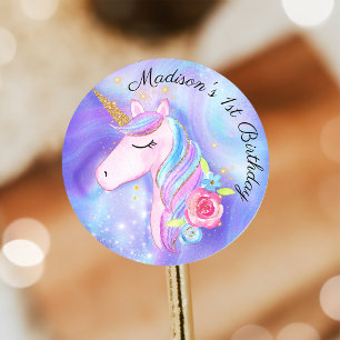 Pegatina de cumpleaños de Unicornio morado mágico