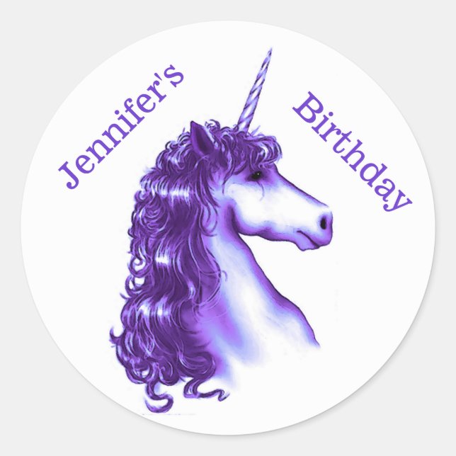 Pegatina de cumpleaños morado de Unicornio (Anverso)