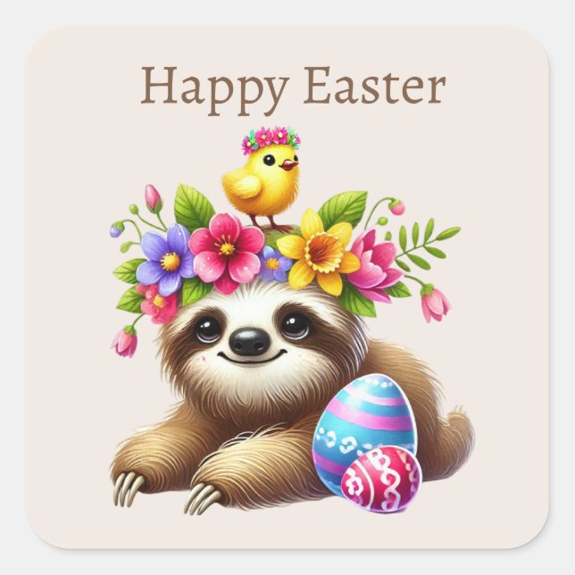 Pegatina de Cute Happy Easter Sloth Square (Anverso)