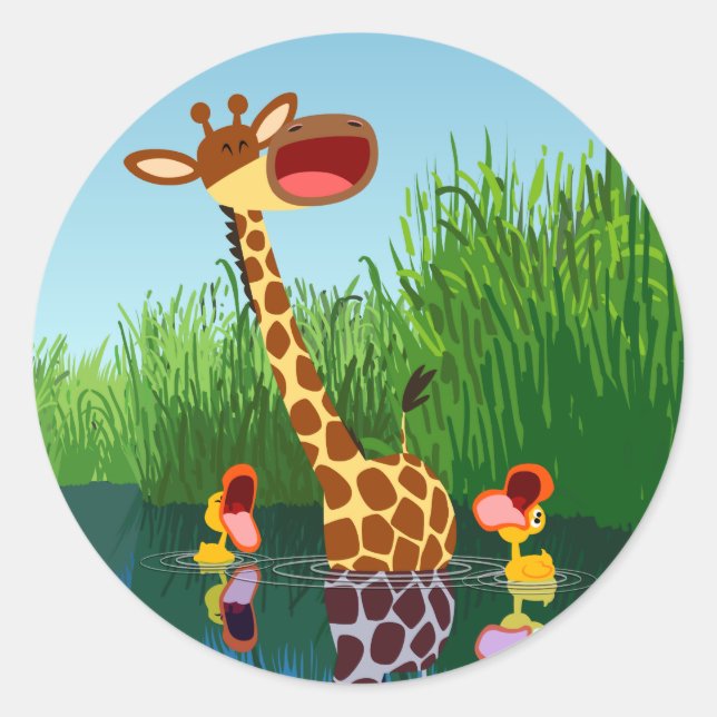 Pegatina de Cute Personalizado Giraffe y Ducklings (Anverso)