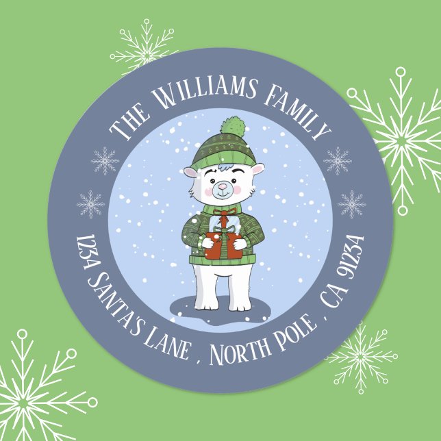 Pegatina de dirección de devolución de vacaciones  (Cute polar bear blue Holiday return address round stickers . )