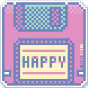 Pegatina de disquetes Happy Pink Blue Pixel Art 90
