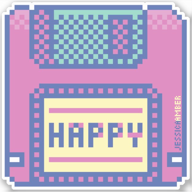 Pegatina de disquetes Happy Pink Blue Pixel Art 90 (Anverso)