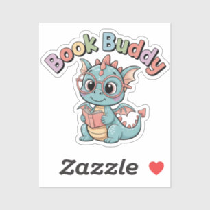 Pegatina de dragón adorable leyendo con Book Buddy