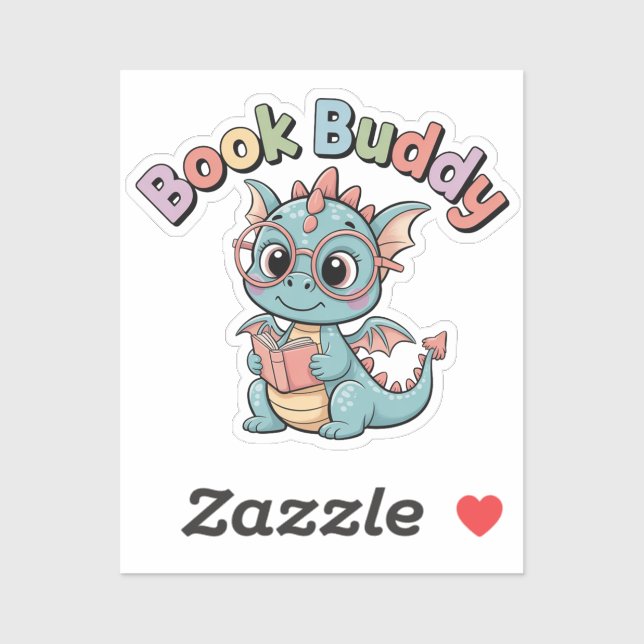 Pegatina de dragón adorable leyendo con Book Buddy (Hoja)