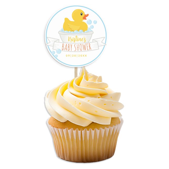 Pegatina de ducha de bebé con patito de goma | Bañ (blue and yellow rubber ducky cupcake topper baby shower party favor)