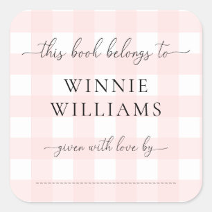 Pegatina de etiqueta de libro de gingham rosa
