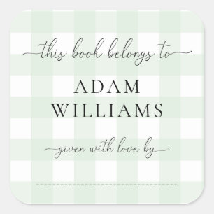 Pegatina de etiqueta de libro de gingham verde men