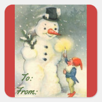 Pegatina de etiquetas de regalo de Snowman vintage