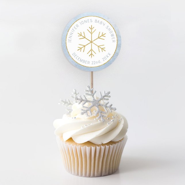 Pegatina de Favor de Baby Shower Copo de Nieve Azu (Winter Wonderland Baby Shower Favor Sticker - Dusty Blur & Glitter Gold)