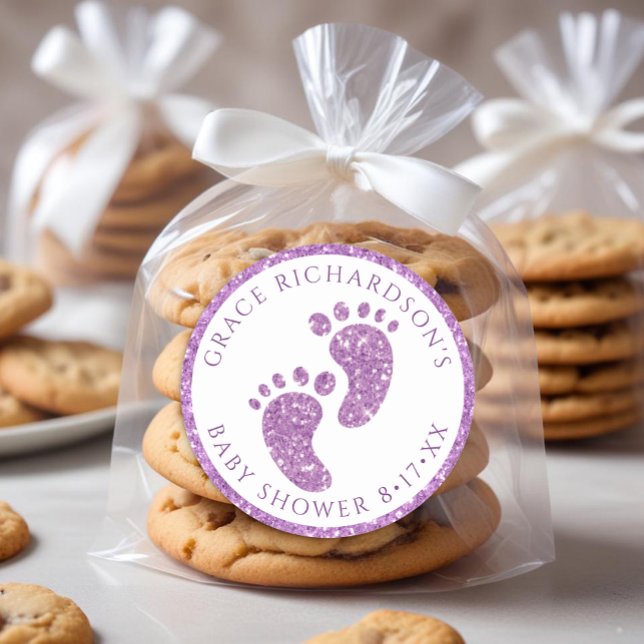 Pegatina de favoritos de Baby Shower Purpurina púr (Purple Glitter Baby Feet Favor Sticker
)
