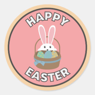 Pegatina de feliz pascuas con canasto y conejo