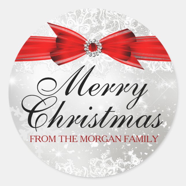 Pegatina de feriado de Navidades rojos Lace & Bow  (Anverso)