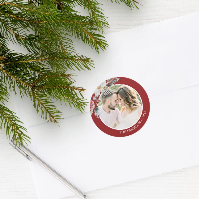 Pegatina de foto botánica de Navidad (Red Holiday Envelope Seal Merry Christmas Watercolor Floral Botanical Berries with Photo)