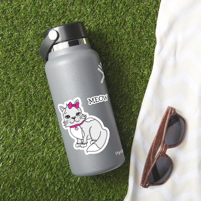 Pegatina de gatito manchado gris y blanco con lazo (HydroFlask Insitu)