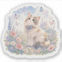 Pegatina de gato floral y mariposas
